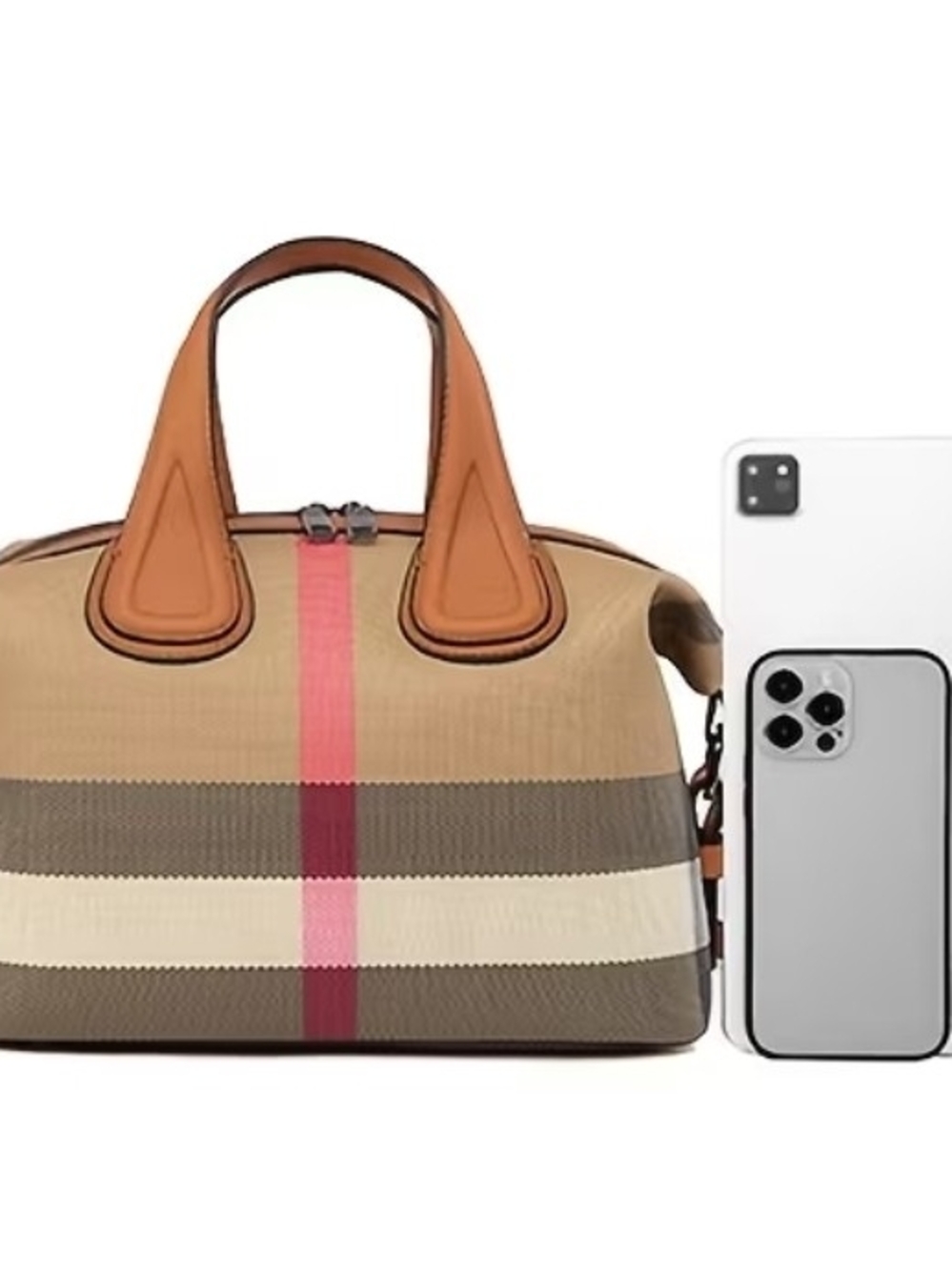 Women's Vintage Plaid Boston Bag with Detachable Strap Red, Black Tan Cream - Picture 7 of 9